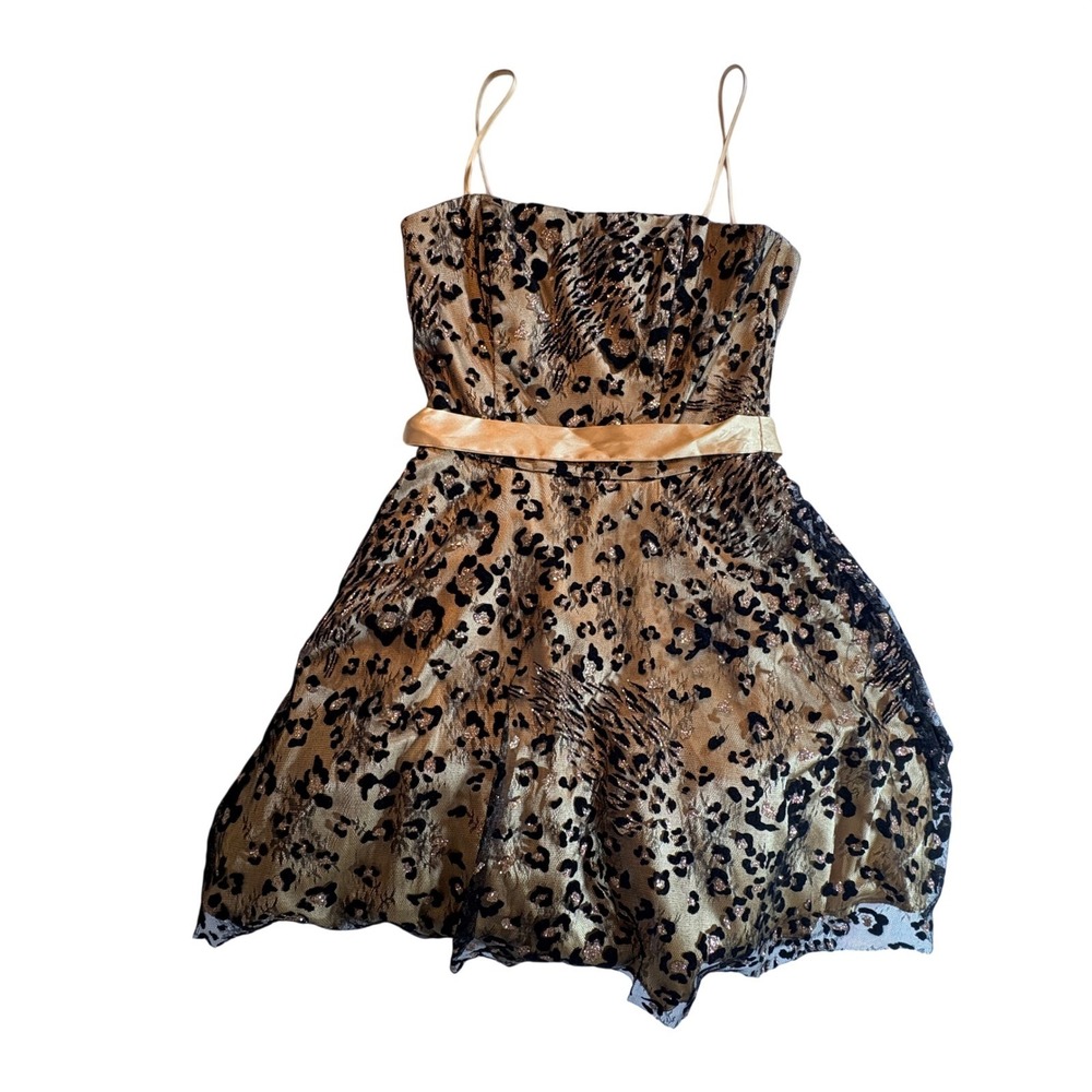 Masquerade‎ Leopard Print Cocktail Dress Womens 9/10 Gold Metallic Lace Party